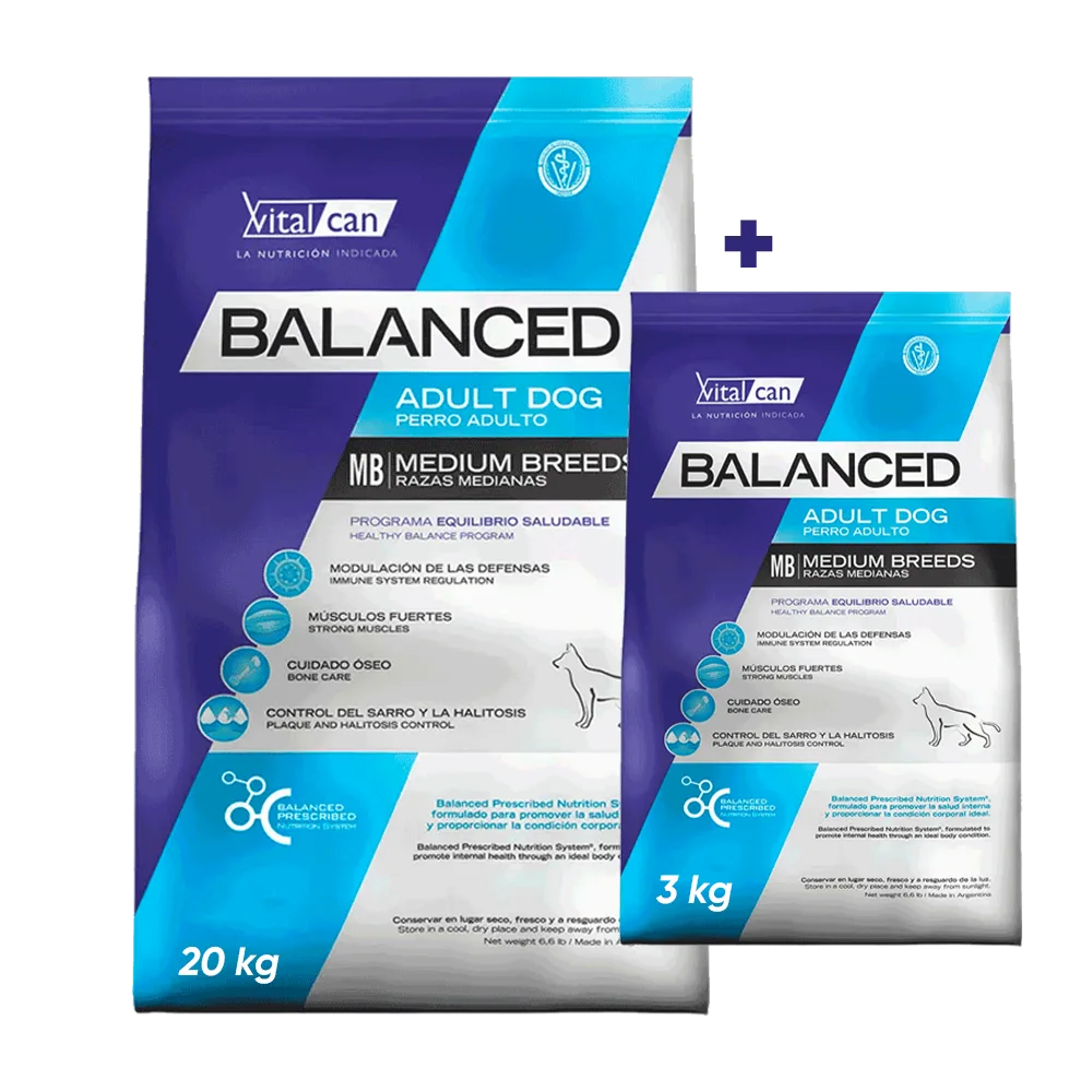 Bolsa de alimento transparente sellada con croquetas marrones triangulares de Balanced Adulto Raza Mediana, contiene 1 kg