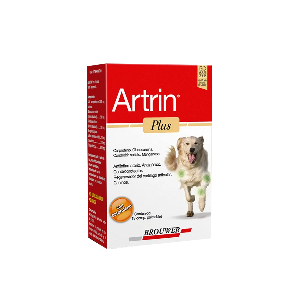 Caja blanca con detalles rojos de comprimidos para perros con problemas articulares Artrin Plus