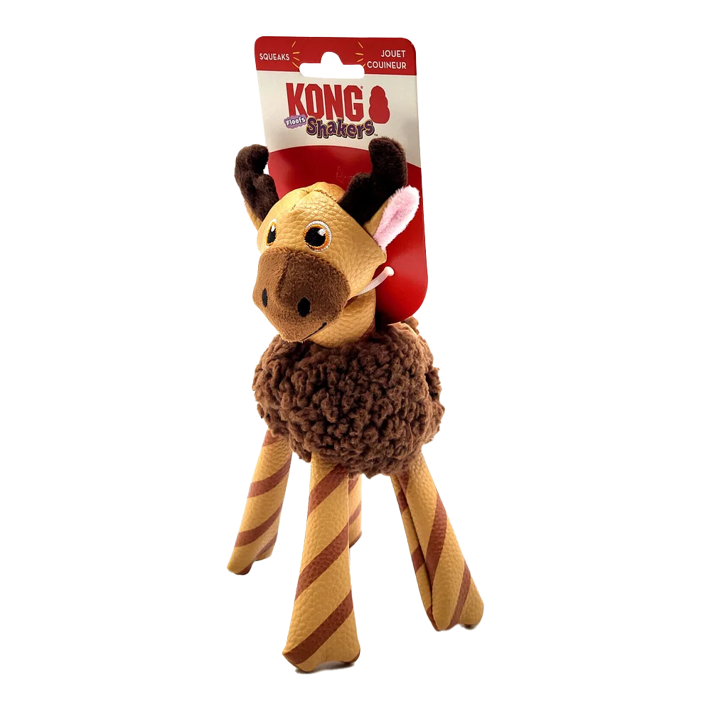 Juguete de peluche Kong Floof Shaker para perros, tiene forma de alce, es café en distintos tonos, tiene un torso redondo y suave, sus patas y cuello son de una textura tipo cuero.