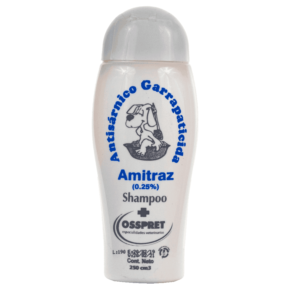 Frasco gris de Osspret Shampoo con Amitraz al 0,25%. Un baño de salud contra sarna y garrapatas