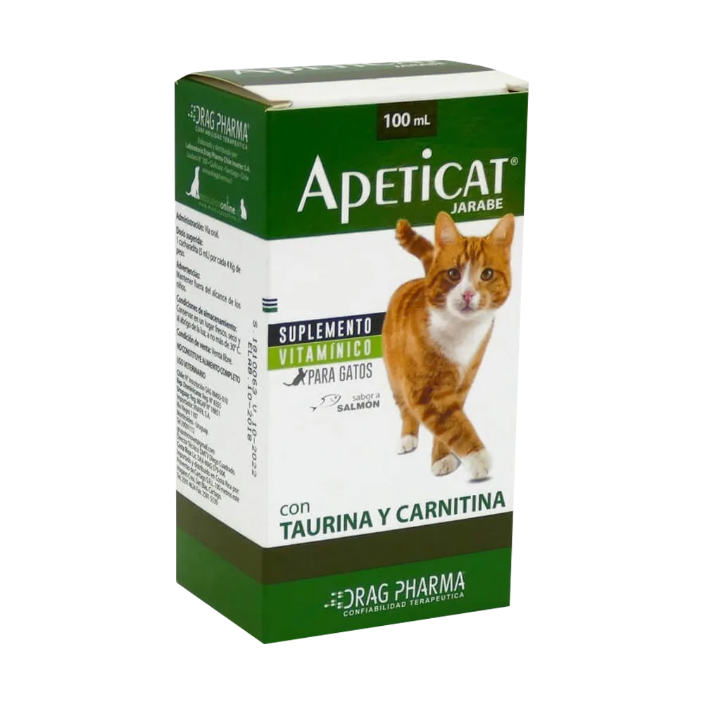 Caja verde con blanco y un gato naranja en la etiqueta de Apeticat Jarabe, un jarabe para incrementar el apetito en gatos