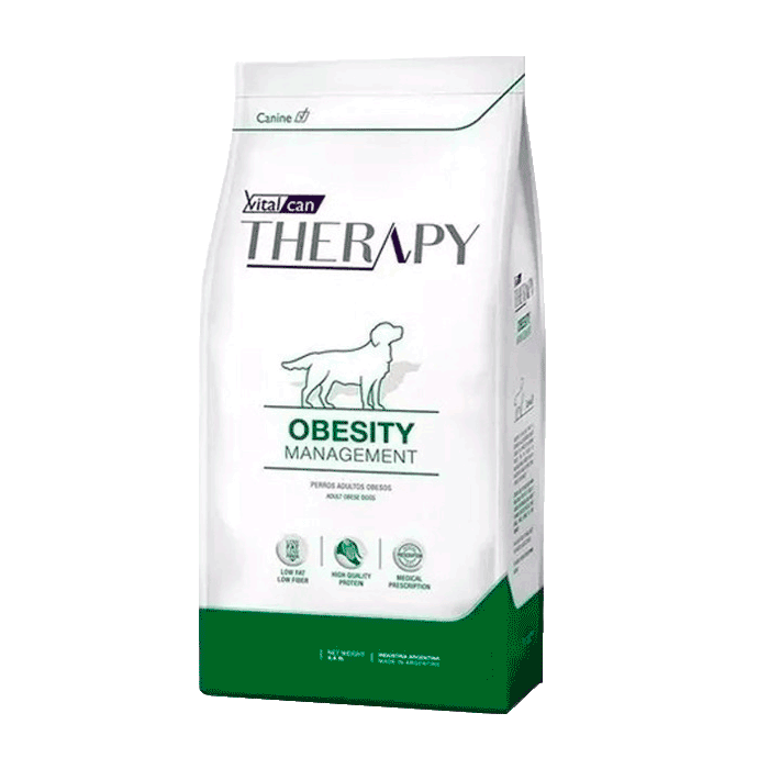 Bolsa de dos tamaños de alimento seco medicado para perro Vital Can Obesity Management color blanca con verde