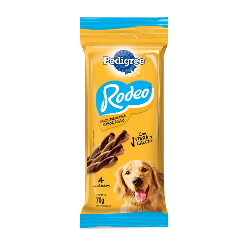 Empaque color amarillo con detalles celestes de Snack Pedigree Rodeo, tiritas con sabor a pollo para perros
