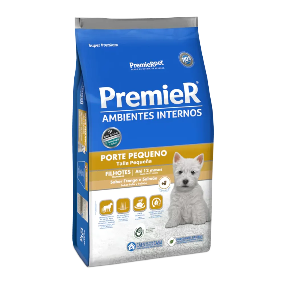 Bolsa azul con detalles blancos y amarillos y un cachorro blanco caniche en la portada, es el alimento Premier Cachorro Raza Pequeña Pollo y Salmón