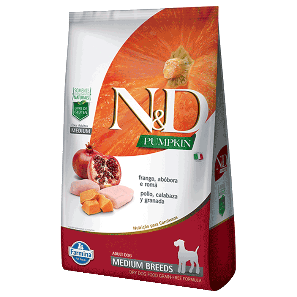 Bolsa blanca con detalles rojos y naranjas de Farmina N&D Pumpkin Pollo Granada Adult Medium para perros adultos de raza mediana con sabor a calabaza