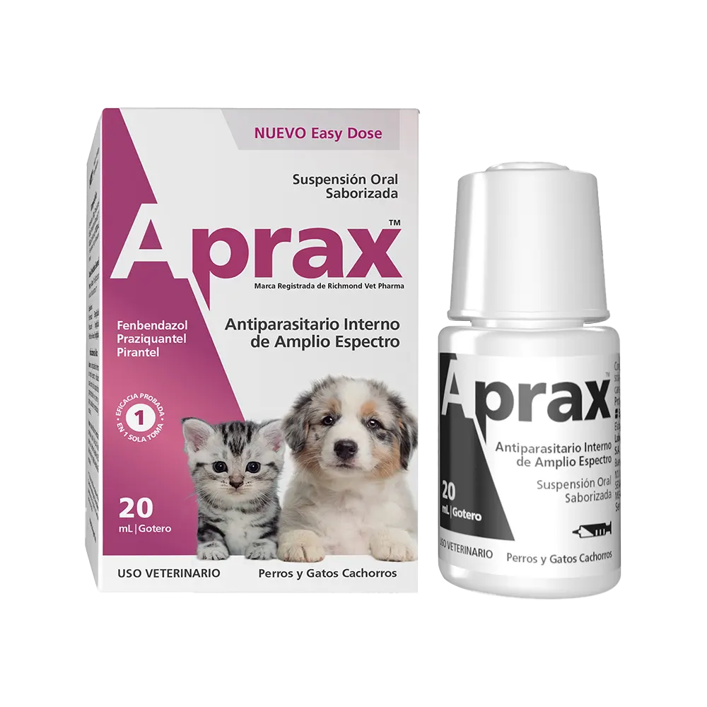 Caja blanca con detalles violeta de suspensión antiparasitaria de Aprax Suspensión para cachorros y gatitos