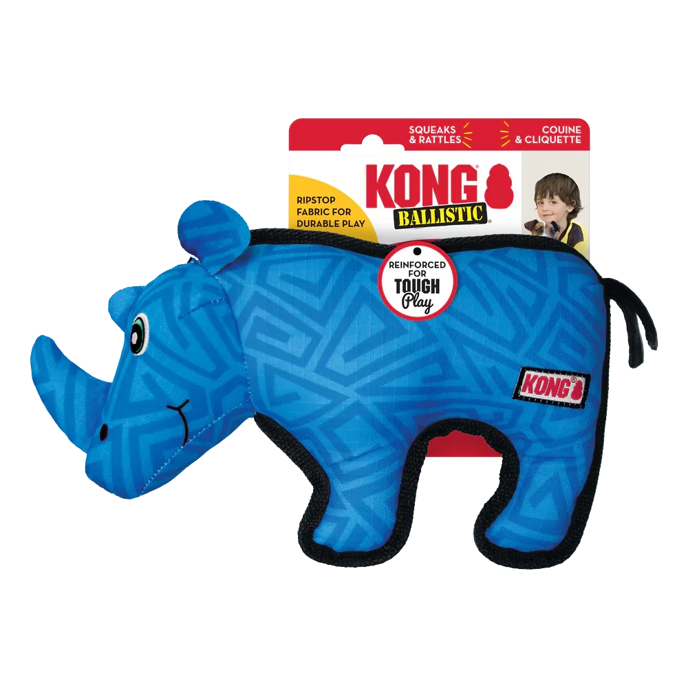 Juguete Kong Ballistic, es un peluche de tela ultra resistente con forma de rinoceronte en color azul para perros