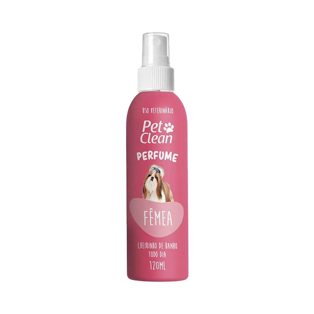 Spray de botella color rosa con detalles blancos de Perfume Pet Clean aroma para hembras