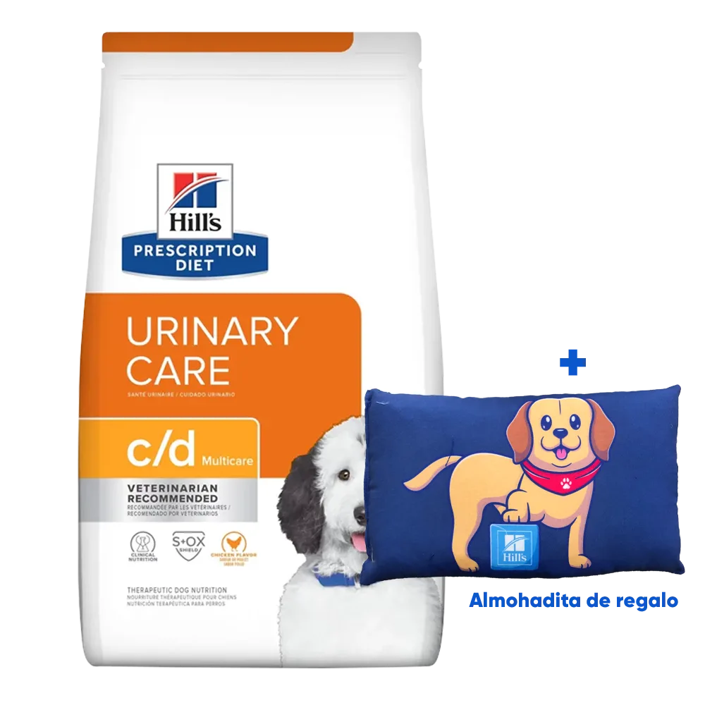 Bolsa de alimento Hill's Prescription Diet Canine c/d Multicare para perros con problemas urinarios, la bolsa es blanca con detalles anaranjados en tonos claros y oscuros y un perro blanco con un collar azul en la parte derecha inferior