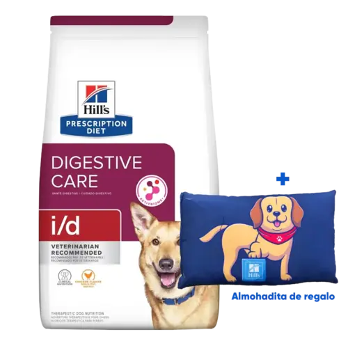 Bolsa blanca de alimento Hill's PD i/d Digestive Care para perros de talla mediana y grande con problemas digestivos, la bolsa de fondo blanco tiene colores borgoña oscuro y rojo, y una franja borgoña en la parte superior, tiene un perro de raza grande color beige en la esquina derecha inferior