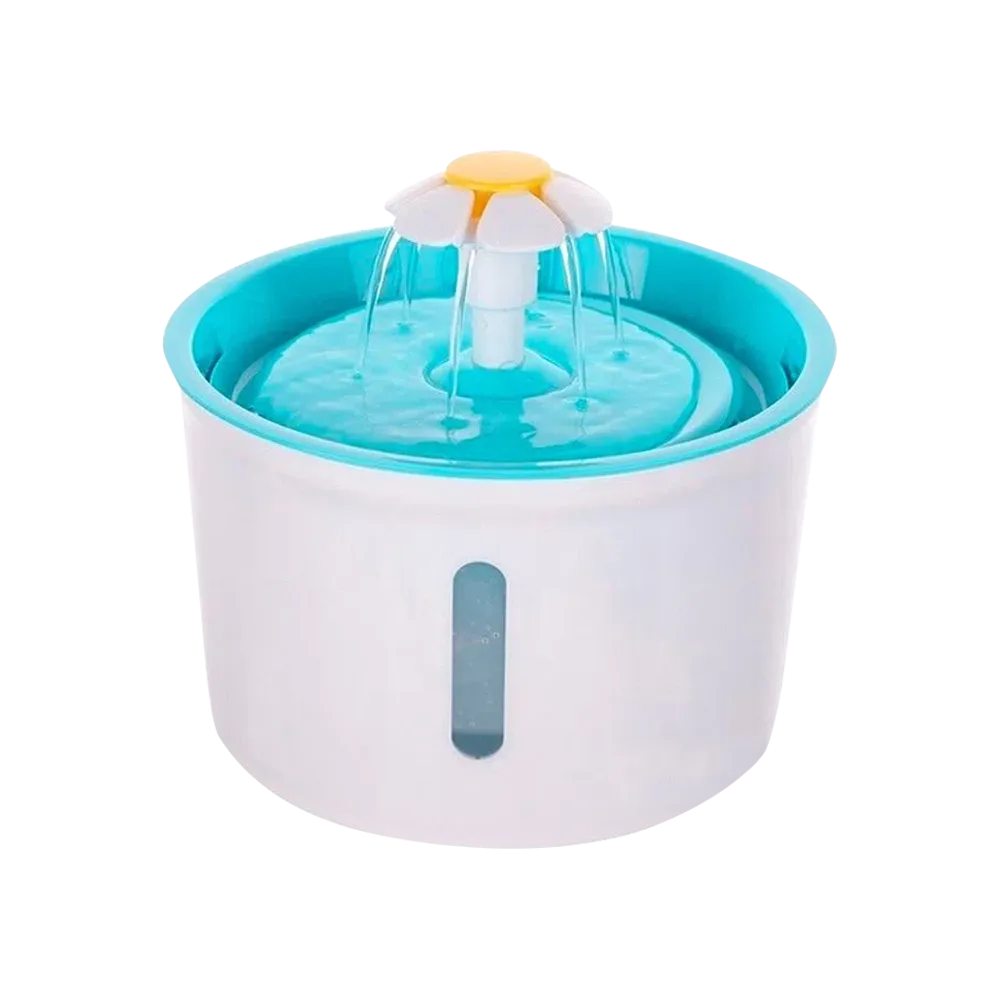 Bebedero Automático para mascotas color blanco con detalles celestes, es una fuente automática donde circula el agua para incentivar el consumo de agua en mascotas