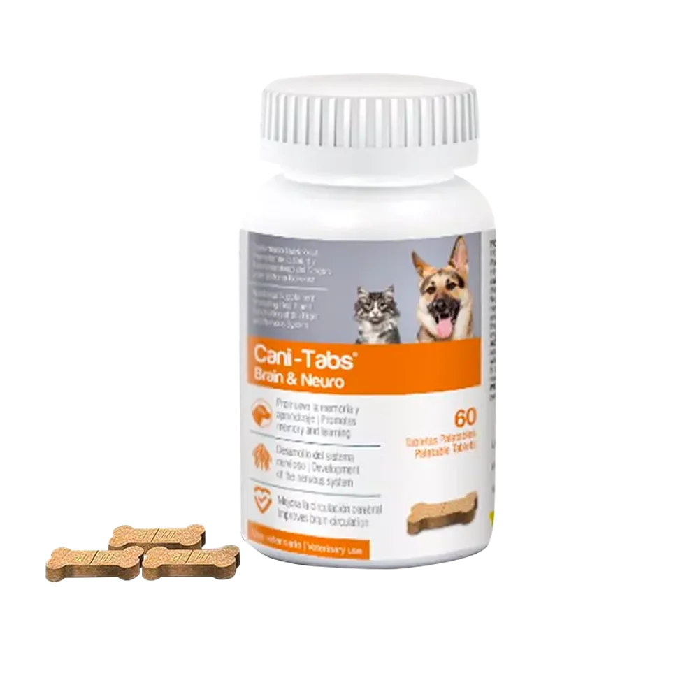 Frasco de Cani-Tabs Brain & Neuro: suplemento nutricional para el desarrollo del sistema nervioso y el cerebro de perros y gatos. Es de color blanco con detalles naranjas y tiene la imagen de un pastor aleman y un gato gris sobre un fondo también gris.