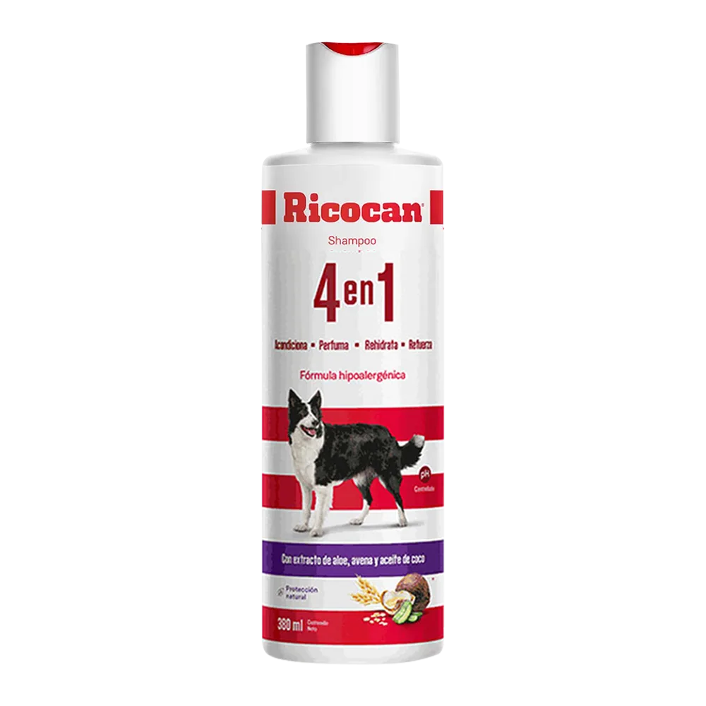 Bote blanco de Shampoo Ricocan 4 en 1, es de color blanco con franjas rojas y un perro color negro con blanco en la parte frontal. Es un shampoo hipoalergénico con pH controlado para pieles sensibles.