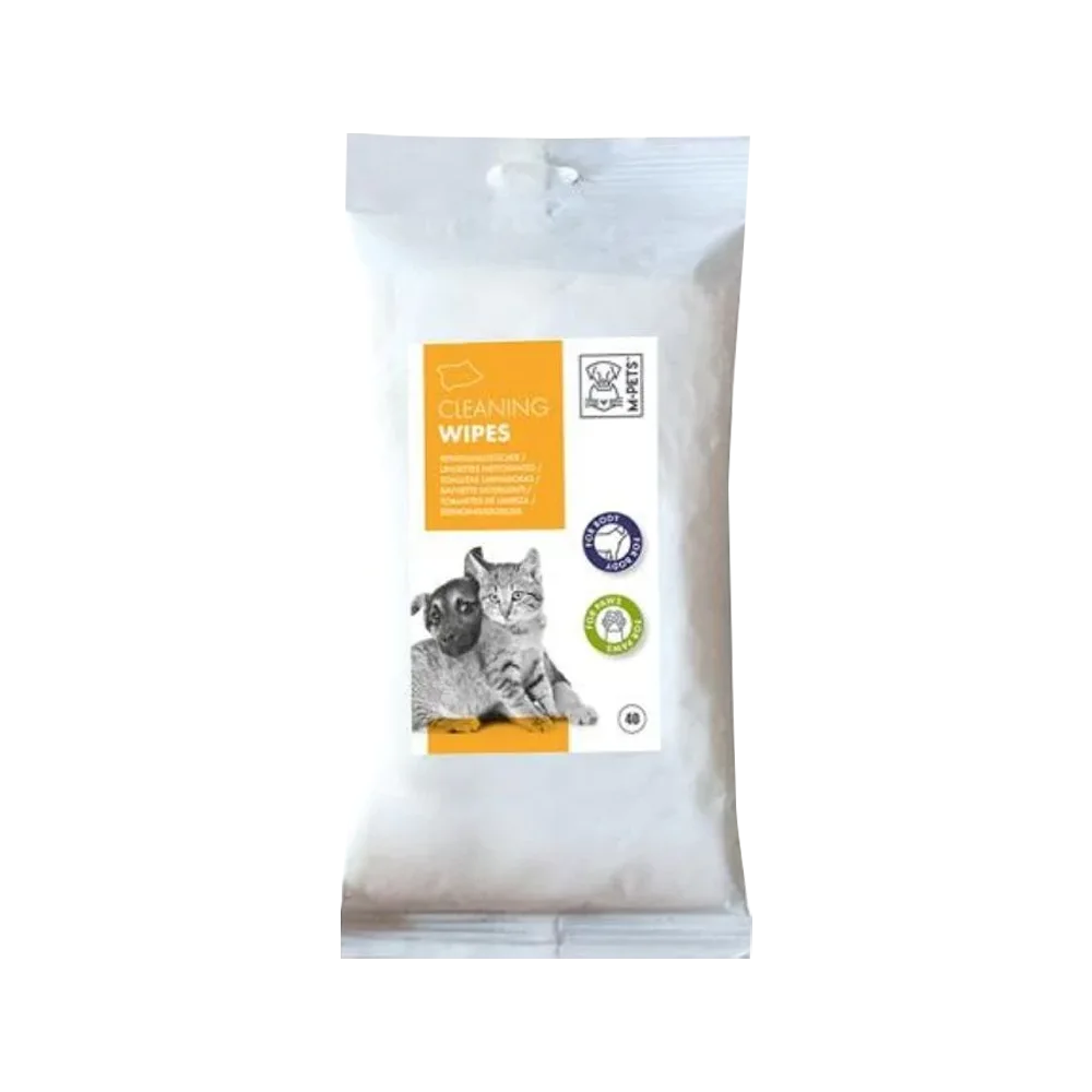 Empaque blanco con un adhesivo blanco con detalles amarillos y la imagen de un perro y un gato en blanco y negro. Son los Paños Húmedos de Limpieza de la línea M-Pets para perros y gatos.