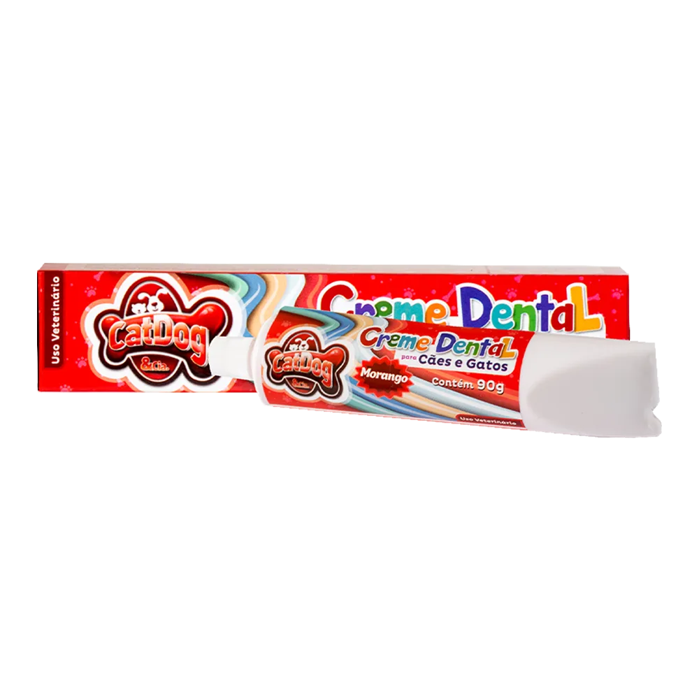 Caja color roja con pomo blanco y etiqueta roja de la Pasta Dental CatDog sabor fresa para perros y gatos 