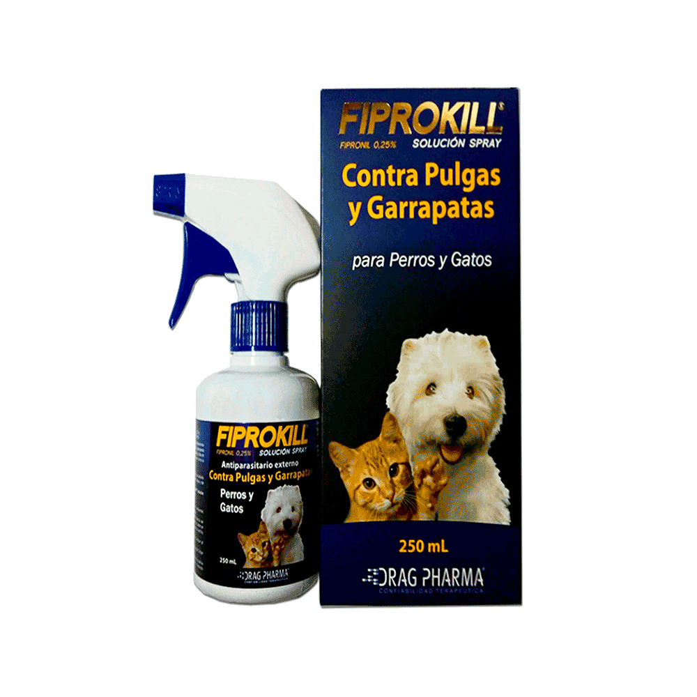 Envase color blanco con etiqueta azul de 250 cc de antiparasitario externo con pico de rociador al lado de una caja color azul