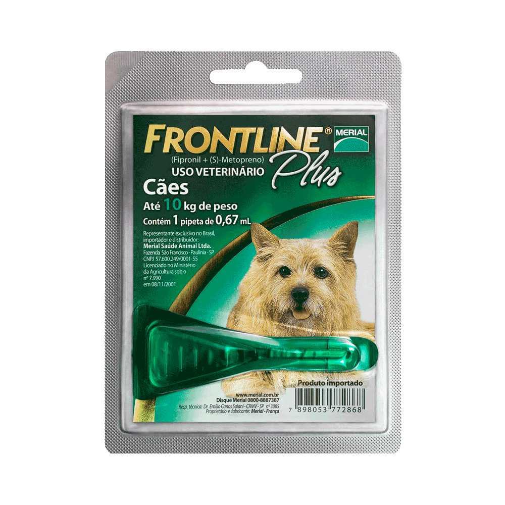 Pipeta verde en empaque sellado de Frontline Plus Perros de 2 a 10 kilos para combatir parásitos externos