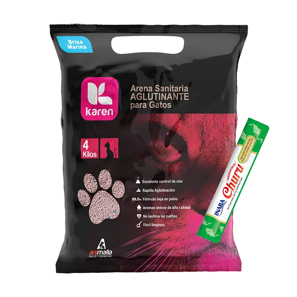 Bolsa negra con detalles rosados y la silueta de un gato en la parte derecha inferior en el mismo color, es la Arena Sanitaria Karen para gatos en aroma Brisa Marina