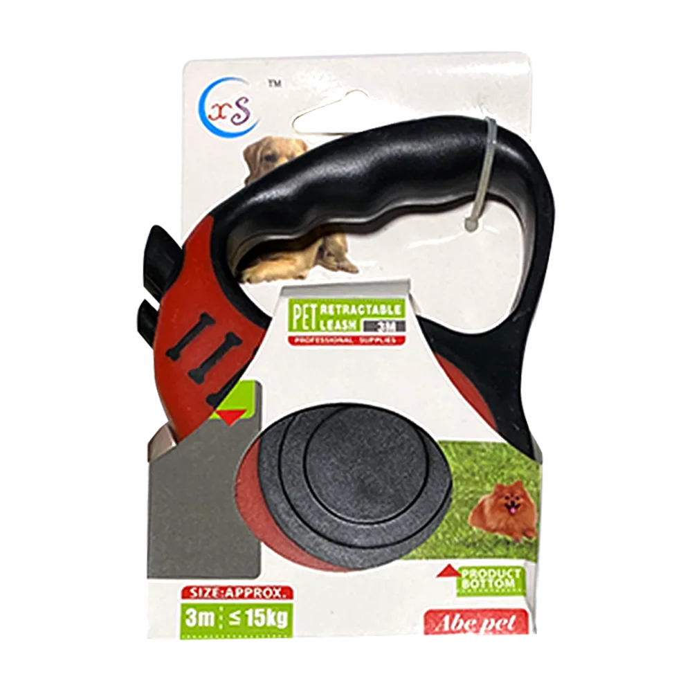 Empaque blanco de Correa Retractil para perros, es de color rojo y tiene una manija color negro.