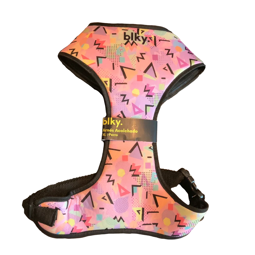 Pechera Arnés Blky Talla XL para perro grandes y gigantes con estampado "Rockola". El estampado es vistoso y utiliza patrones inspirados en el diseño Memphis