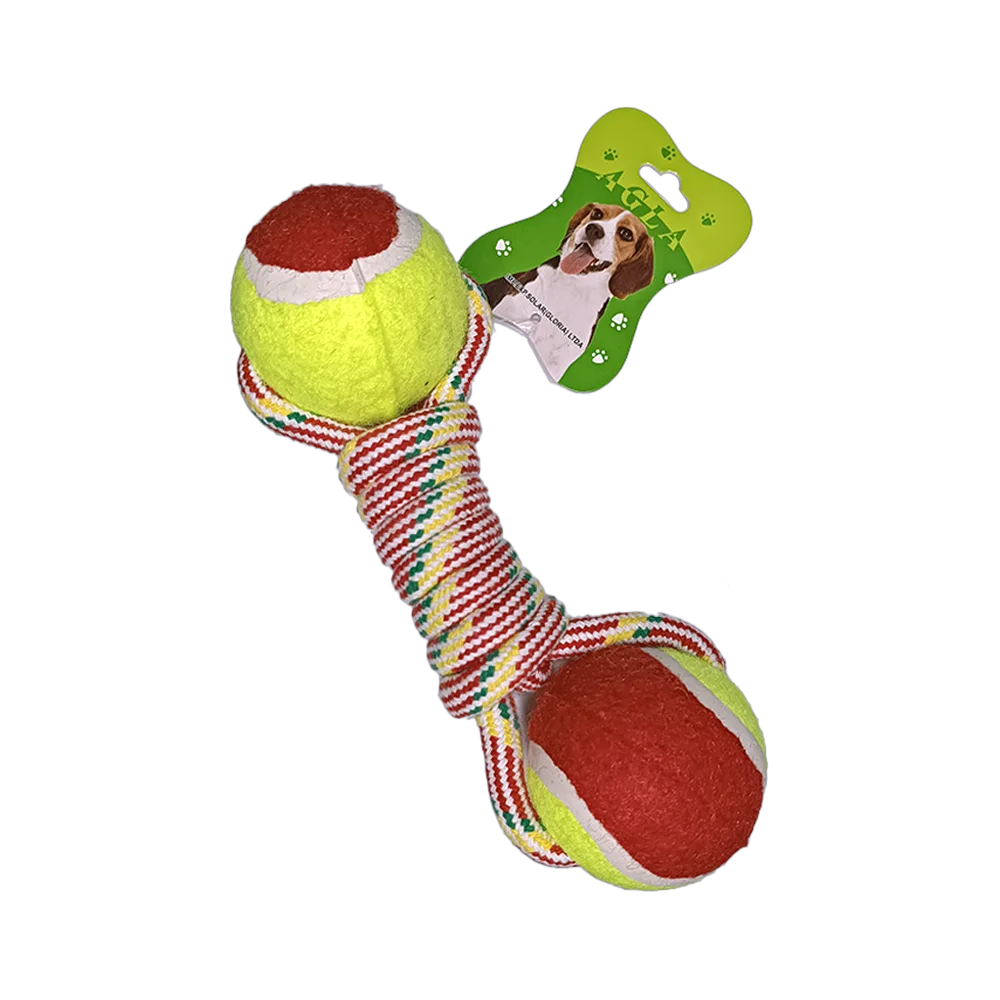 Imagen de juguete Pelota Doble Para Perros, son dos pelotas tipo tennis color verde con rojo unidas por una cuerda al medio.