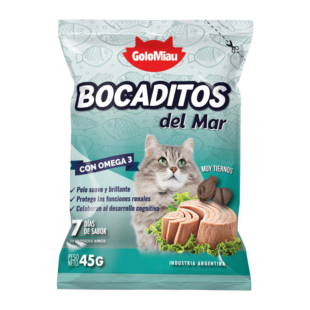 Paquete color celeste con la foto de un gato de Snacks Bocaditos para gatos sabor bocaditos de mar