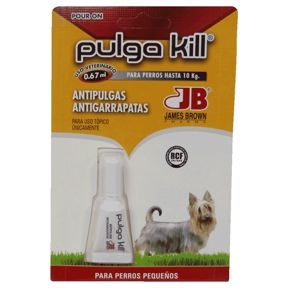 Empaque con detalles naranja y rojo de la pipeta antiparasitaria Pulga Kill Pour On Perros Pequeños