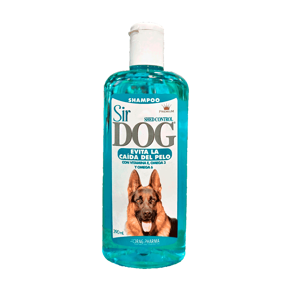 Botella de shampoo celeste con detalles blancos de Sir Dog Shed Control Shampoo