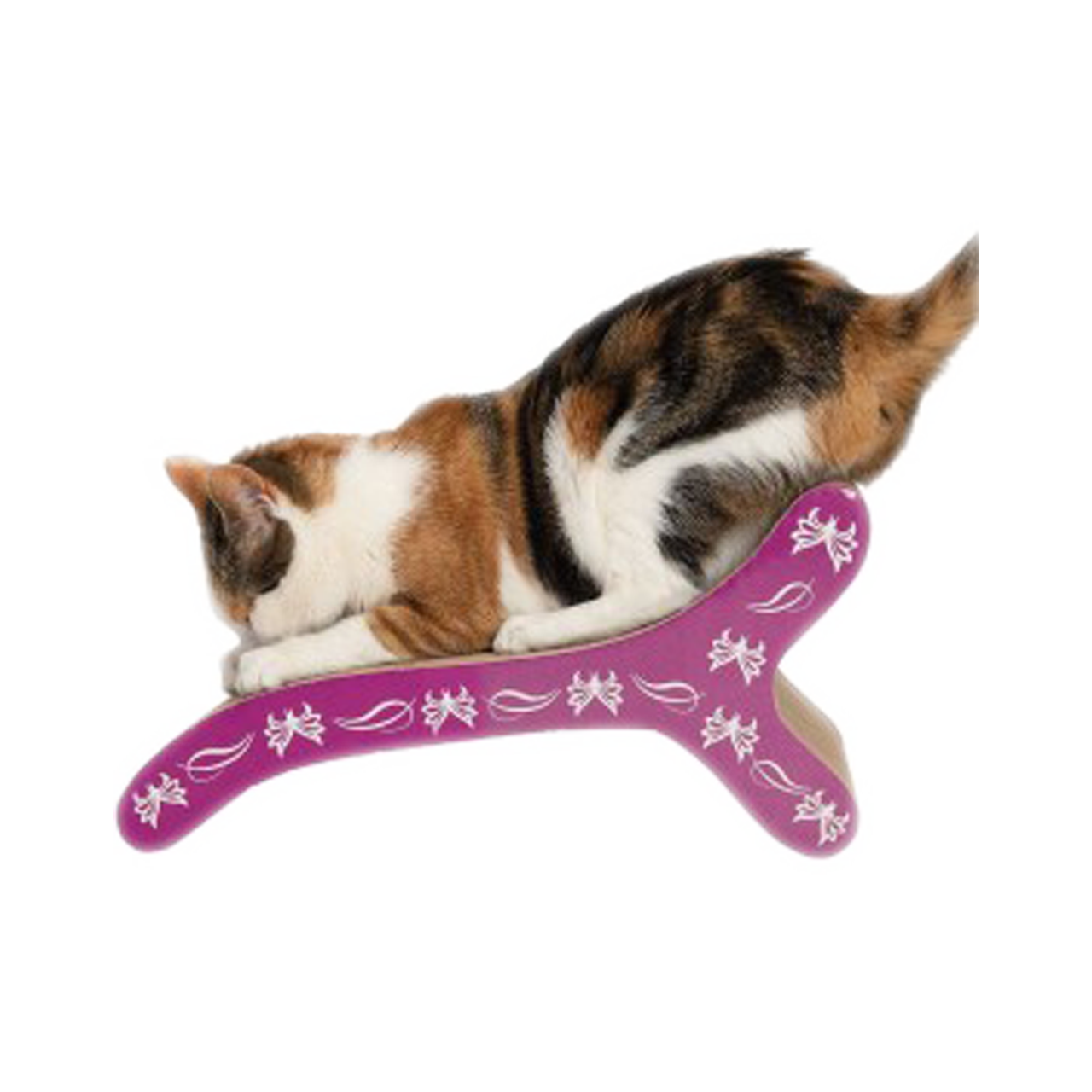 Gato utilizando rascador horizontal tipo silla con detalles morados y estampado de mariposa Rascador Silla Catit Mariposa para gatos