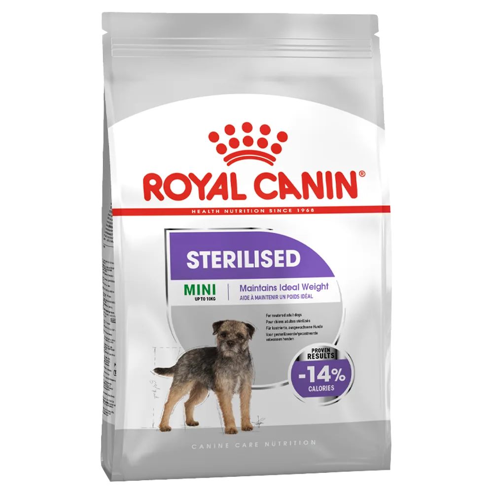 Bolsa plateada con detalles morados y un perro de raza pequeña con mato mediano de color gris con crema en la portada de alimento Royal Canin Mini Esterilizado. Indicado para perros adultos que han sido castrados o esterilizados