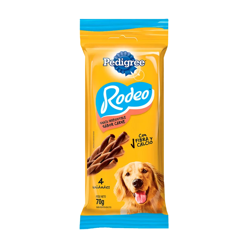 Empaque color amarillo con detalles celestes de Snack Pedigree Rodeo, tiritas con sabor a carne para perros