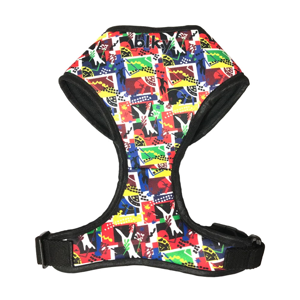 Pechera Arnés Blky Talla M para perro medianos a grandes con un estampado abstracto con colores rojos y amarillos