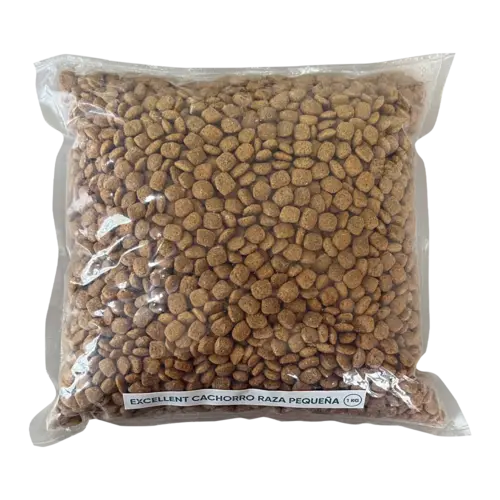 Bolsa blanca con detalles grises, rosa oscuro y naranjas de Excellent Cachorros Razas Pequeñas, un alimento para perros cachorros hasta el primer año de edad