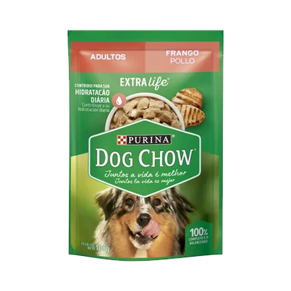 Empaque verde con detalles naranjas  y amarillos de Dog Chow Adultos Festival de Pollo alimento húmedo para perros adultos de toda raza