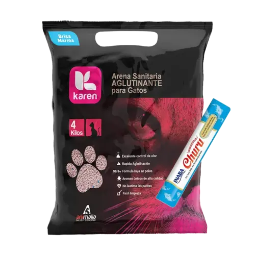 Bolsa negra con detalles rosados y la silueta de un gato en la parte derecha inferior en el mismo color, es la Arena Sanitaria Karen para gatos en aroma Brisa Marina