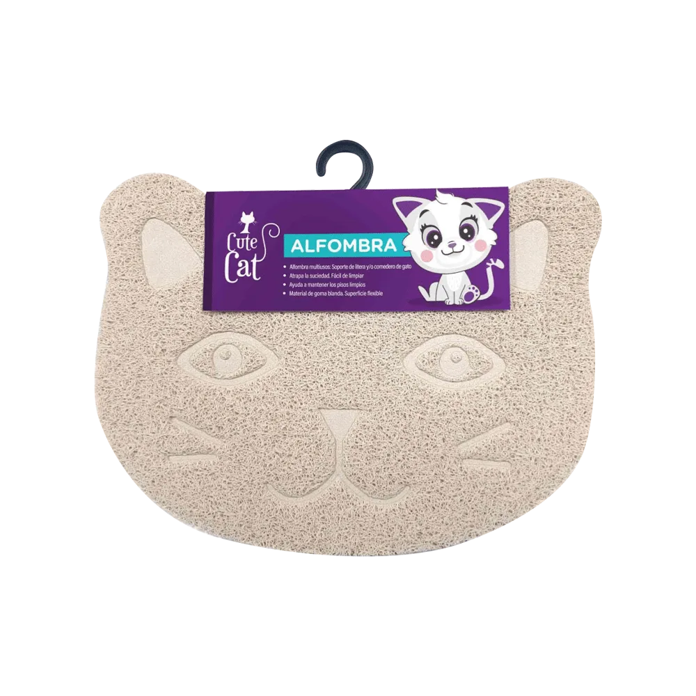 Imagen de Alfombra Cute Cat, es una superficie multiusos de goma color crema con la forma de la cara de un gato. Lleva su etiqueta original de la marca Cute Cat, es color morado con celeste