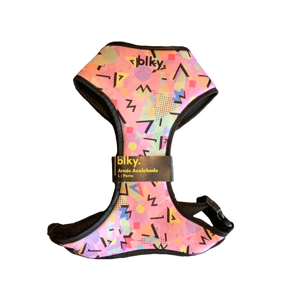Pechera Arnés Blky Talla L para perro grande con estampado "Rockola". El estampado es vistoso y utiliza patrones inspirados en el diseño Memphis