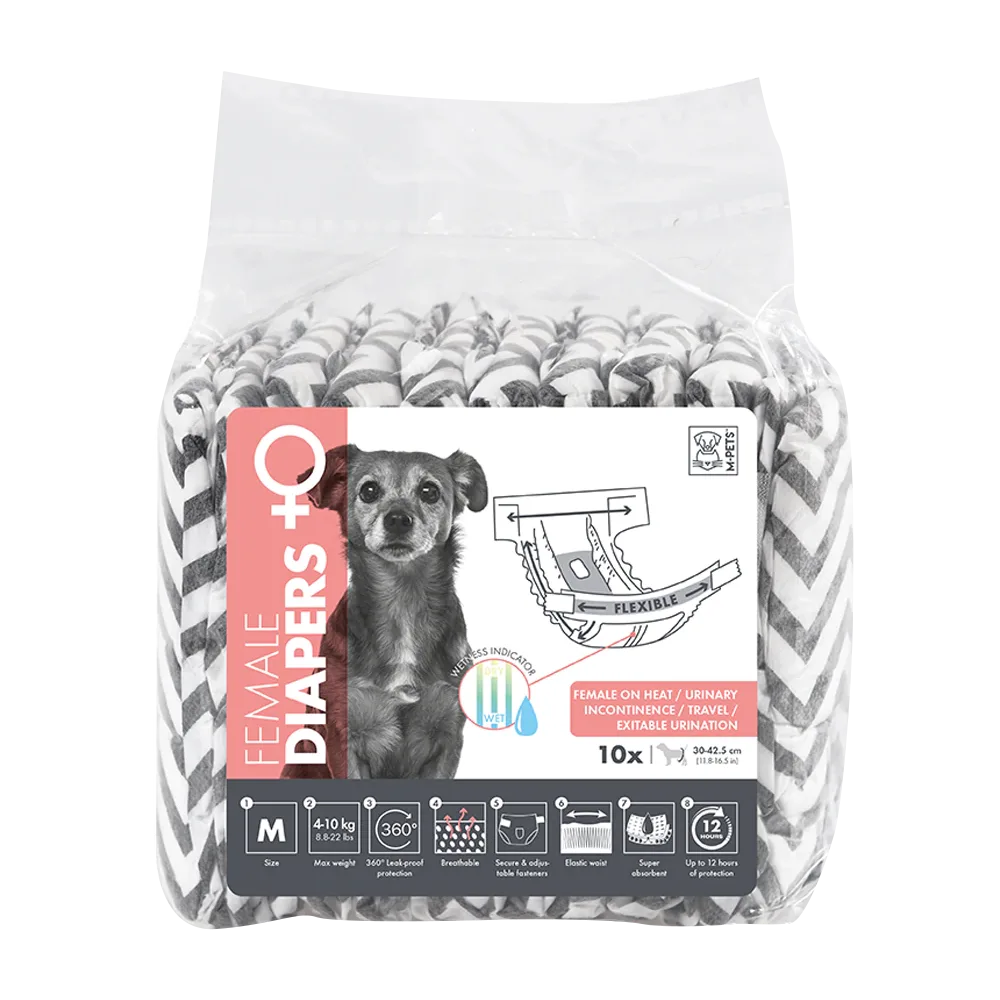 Empaque transparente de Pañal Para Hembra de la marca M-Pets en talla M con una etiqueta color blanca con rosa y detalles grises