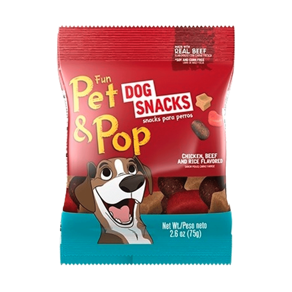 Empaque rojo con detalles celestes de Fun Pet & Pop Snacks bocadillos de 3 sabores para perros