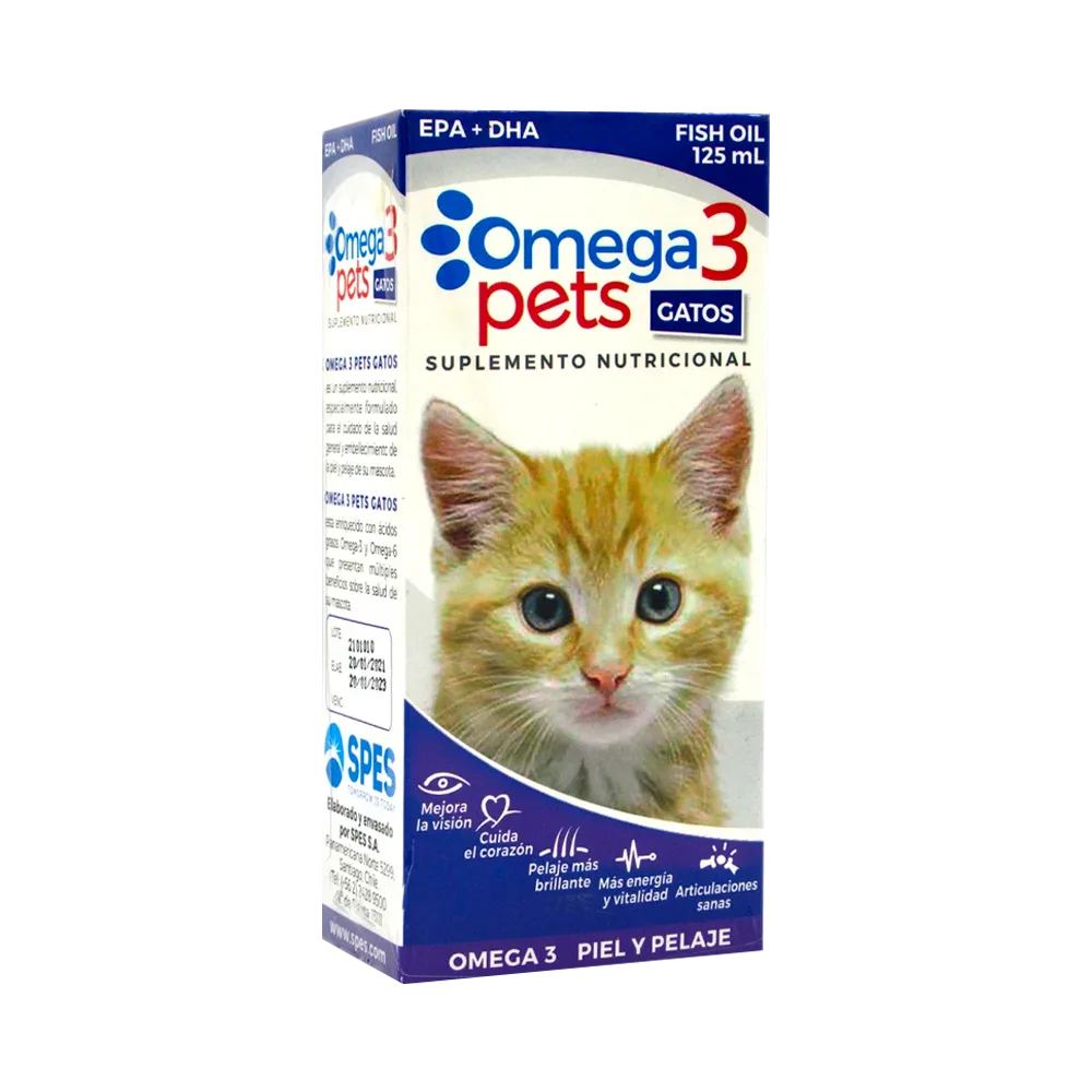 Caja color blanco con detalles azules y un gatito naranja en la portada de suplemento nutricional Omega 3 Pets para Gatos
