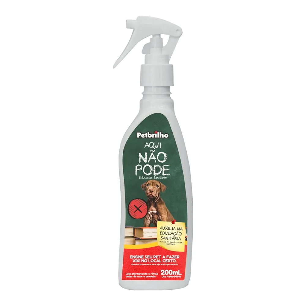 Frasco pulverizador color blanco con una etiqueta roja y un cachorro marrón en la portada, es el Educador Sanitario No Puede de Petbrilho