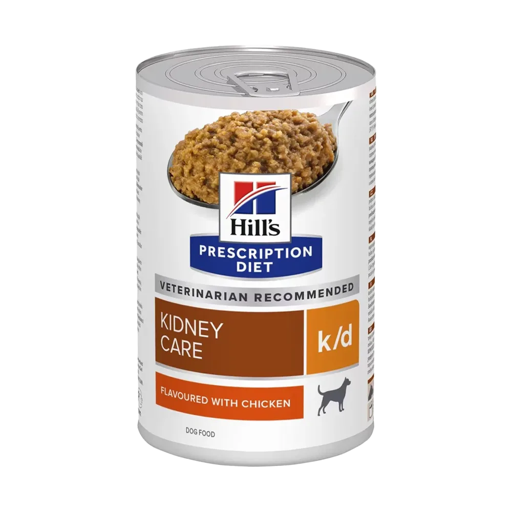 Lata blanca de paté con detalles marrones y naranjas, es el producto Hill's Prescription Diet Canine k/d para el cuidado renal de perros en su presentación de 370 g