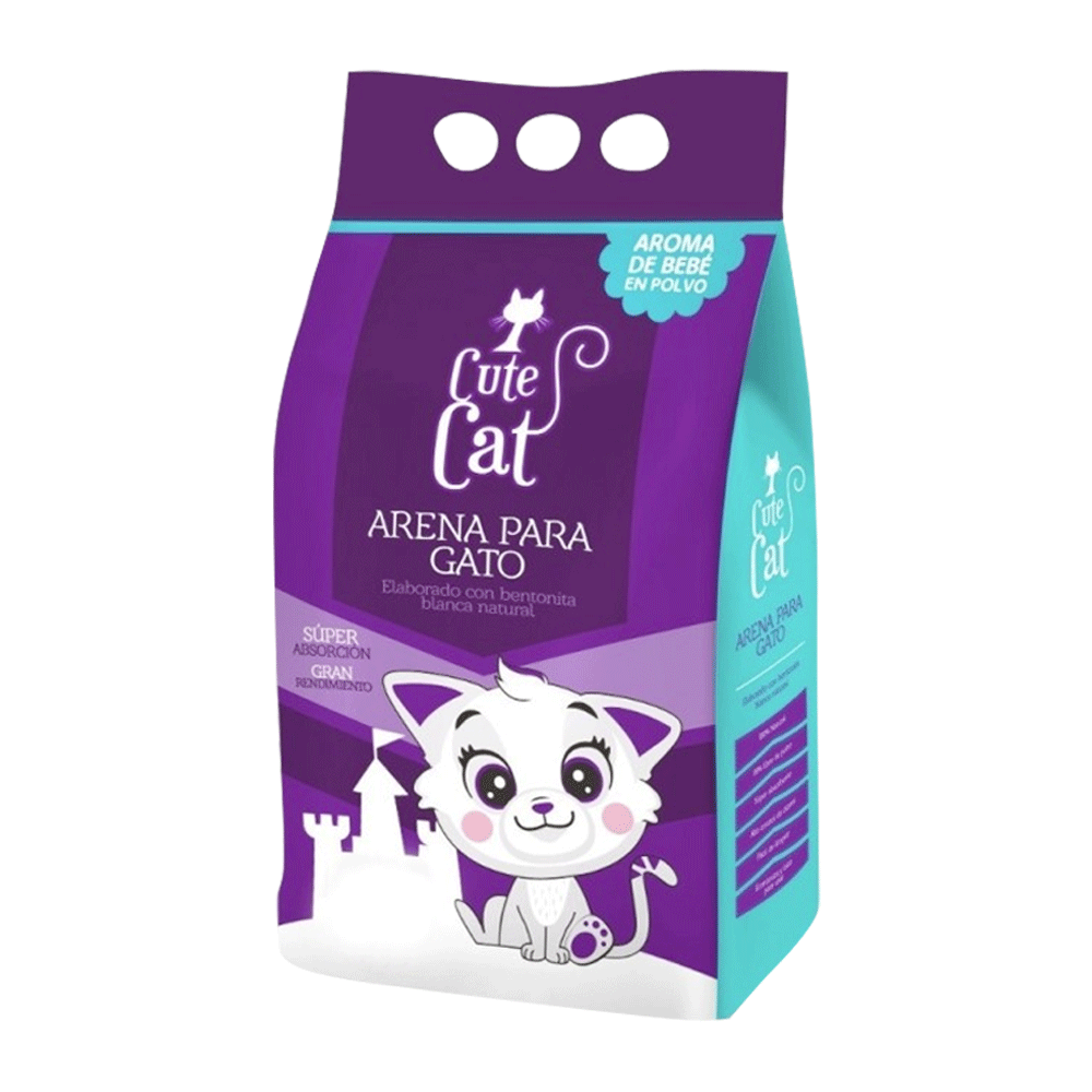 Bolsa de arena sanitaria Cute Cat. Es de color violeta con detalles calipso y tiene una ilustración de un gato blanco.