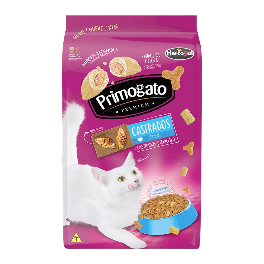 Bolsa de Primogato Castrados sabor pollo. Es de color violeta y tiene una fotografía de un gato de color blanco al lado de un plato azul lleno de alimento.
