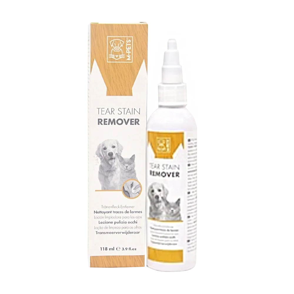 Loción removedora de lágrimas de M-Pets, es un frasco blanco con detalles naranjas con un perro y un gato en la portada, a lado de su caja original que tiene el mismo color y diseño.