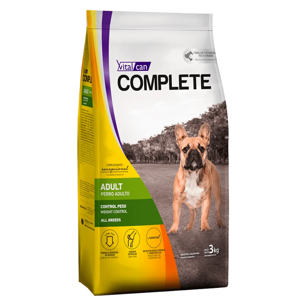 Bolsa blanca con amarillo de alimento Vital Can Complete Perro Adulto Control de Peso