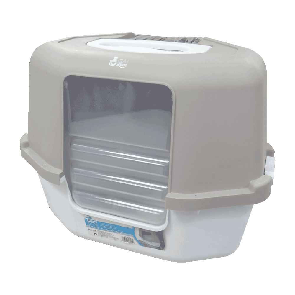 Arenero sanitario cerrado gris con blanco y puerta transparente Caja Sanitaria Esquinera Gris Cat Love para gatos