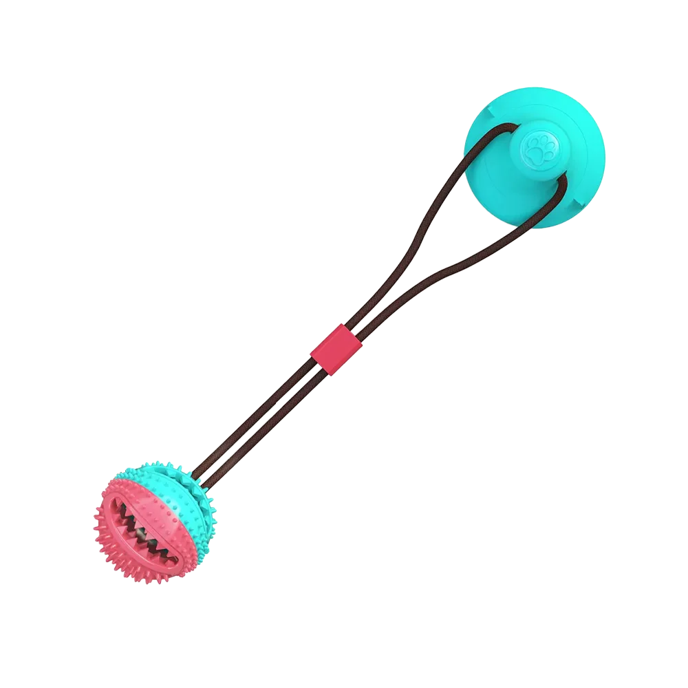 Imagen del Juguete de Succión para Perros, es una sopapa de color calipso, tiene una cuerda marrón oscuro y en el otro extremo una pelota de goma color calipso y fuccia.