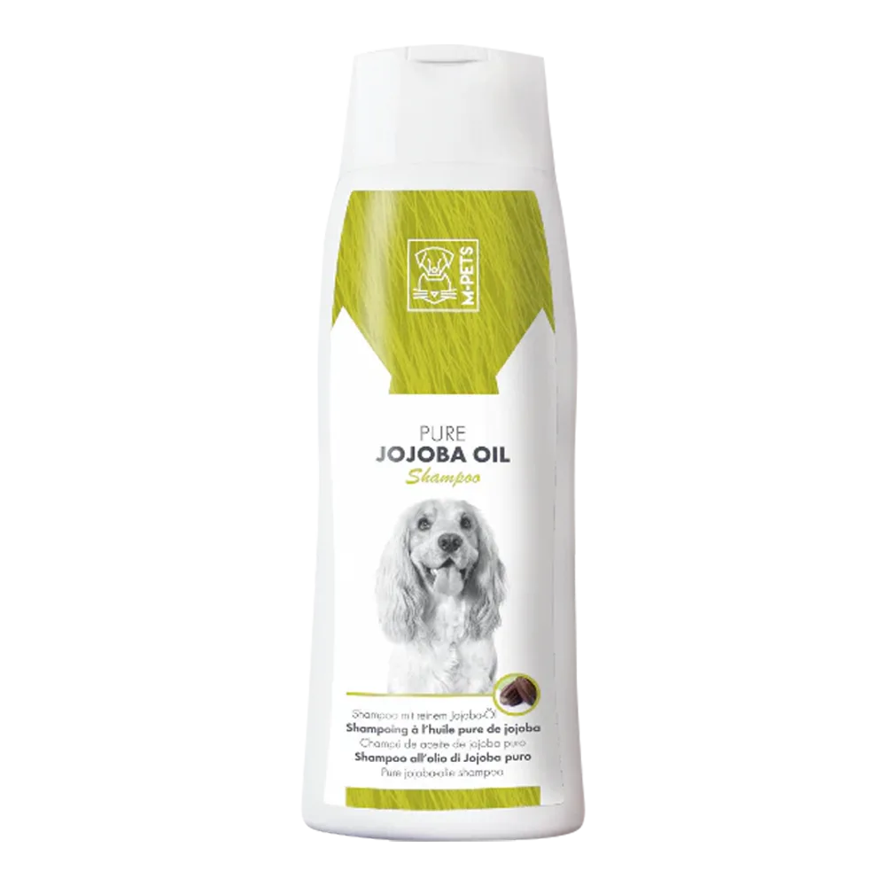 Frasco blanco con detalles verde limón de Shampoo con Aceite de Jojoba para perros.