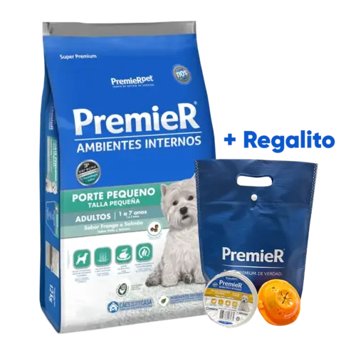 Bolsa azul con detalles blancos y verde agua del alimento Premier Pet Adulto Raza Pequeña Pollo y Salmón, tiene un perro caniche color blanco en la portada.